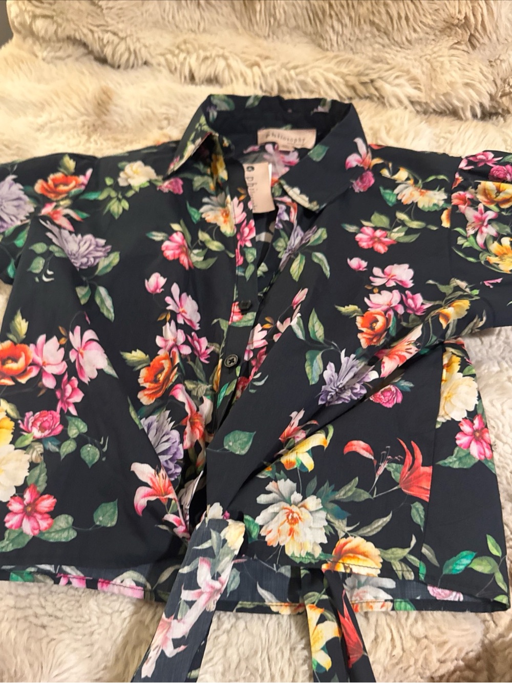 Philosophy Republic Black Tropical Floral Flutter Sleeve Tie Front Top Size S